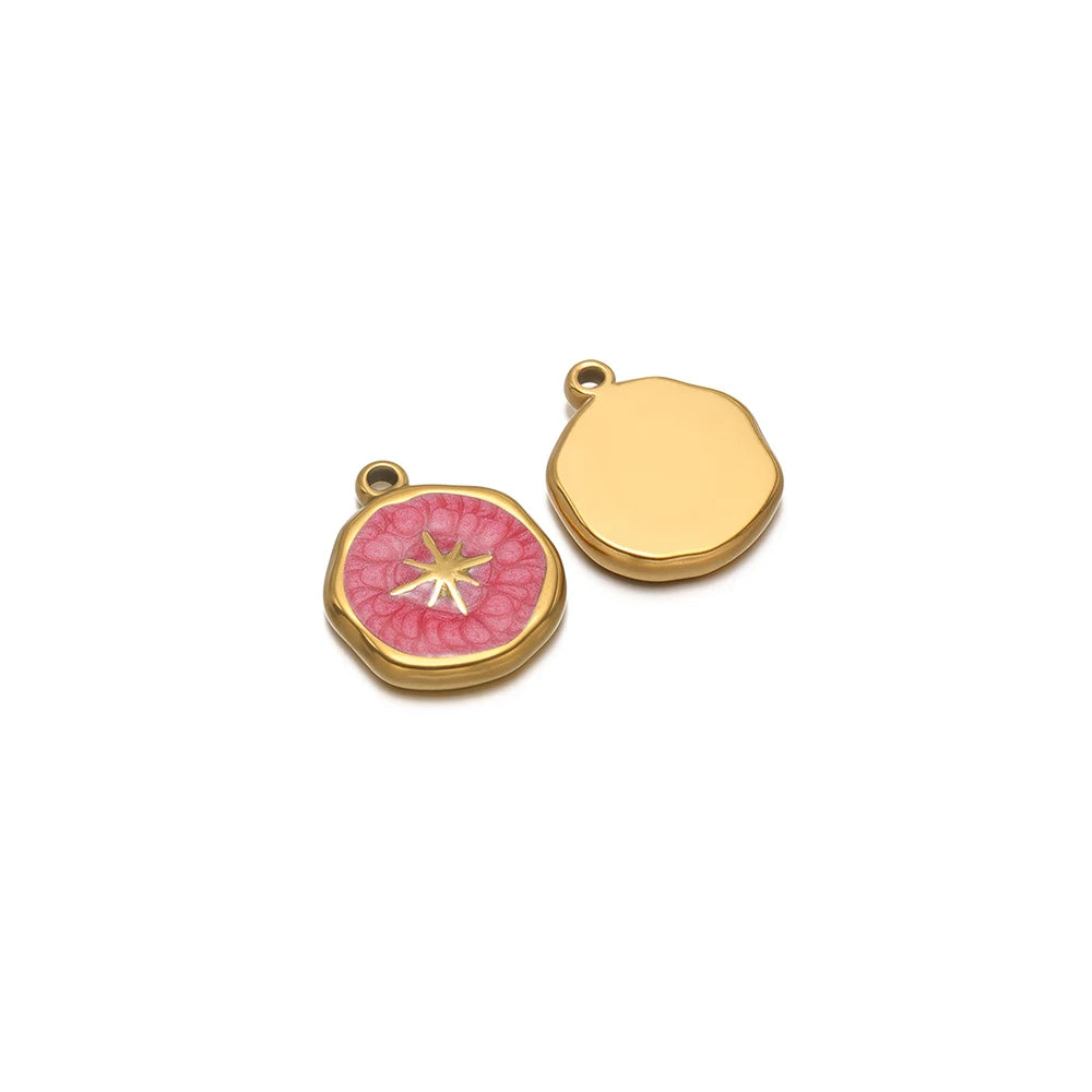 Enamel starburst charm pendant, pink round with gold-tone border and plain gold-tone charm