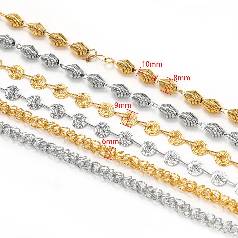 Spiral chain strands with link size labels 10mm, 9mm, 8mm, 6mm
