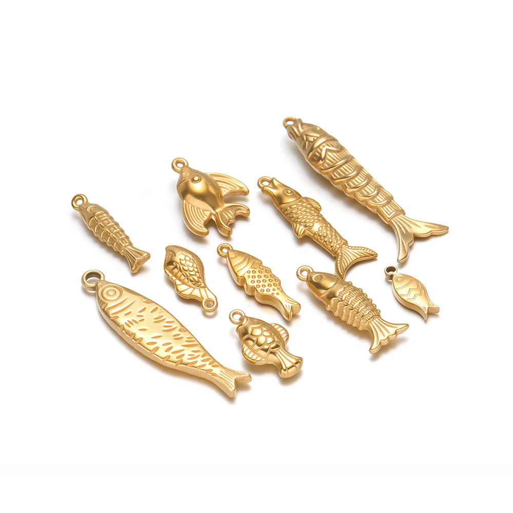 Gold-tone 3D fish charm set of five solid fish pendants with loops