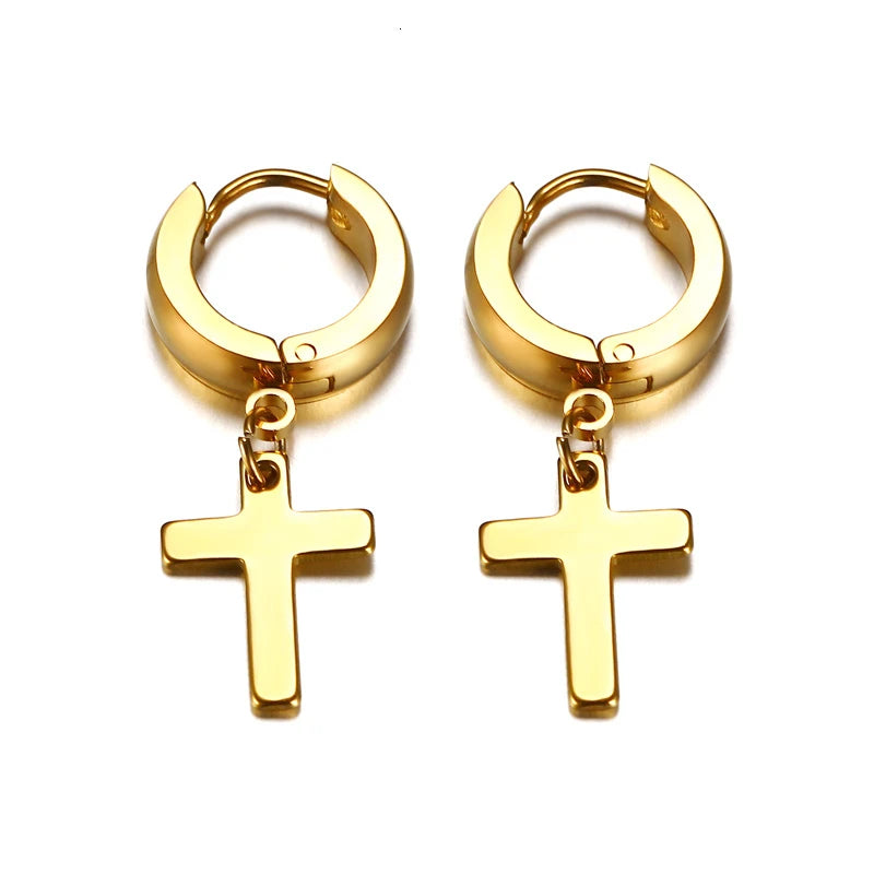 Gold-tone cross drop hoop earrings with dangling cross charm