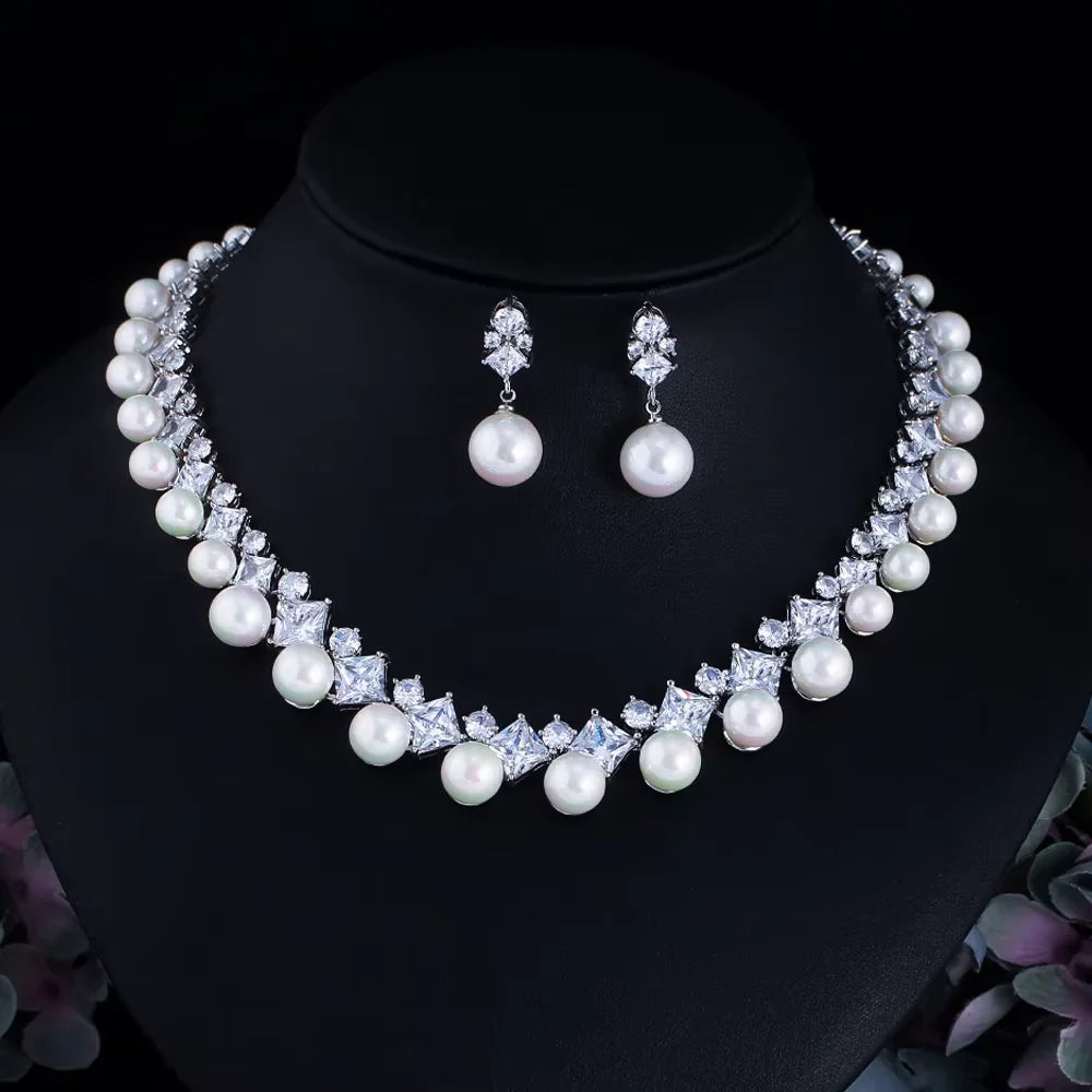 Pearl rhinestone choker necklace and drop earrings set, silver-tone