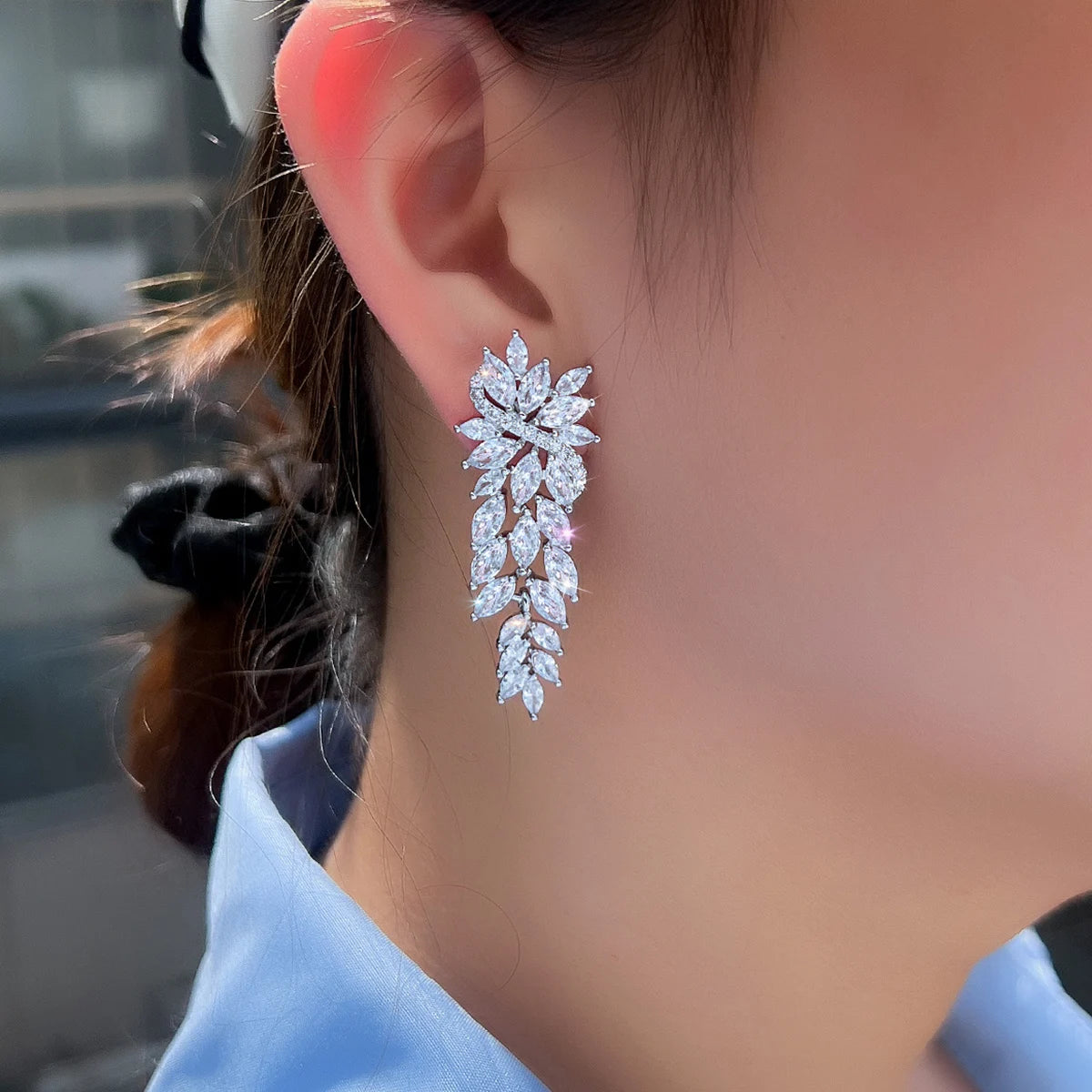 Fashion Full Cubic Zirconia Leaf Long Dangle Earrings CZ Wedding Prom Jewelry For Women