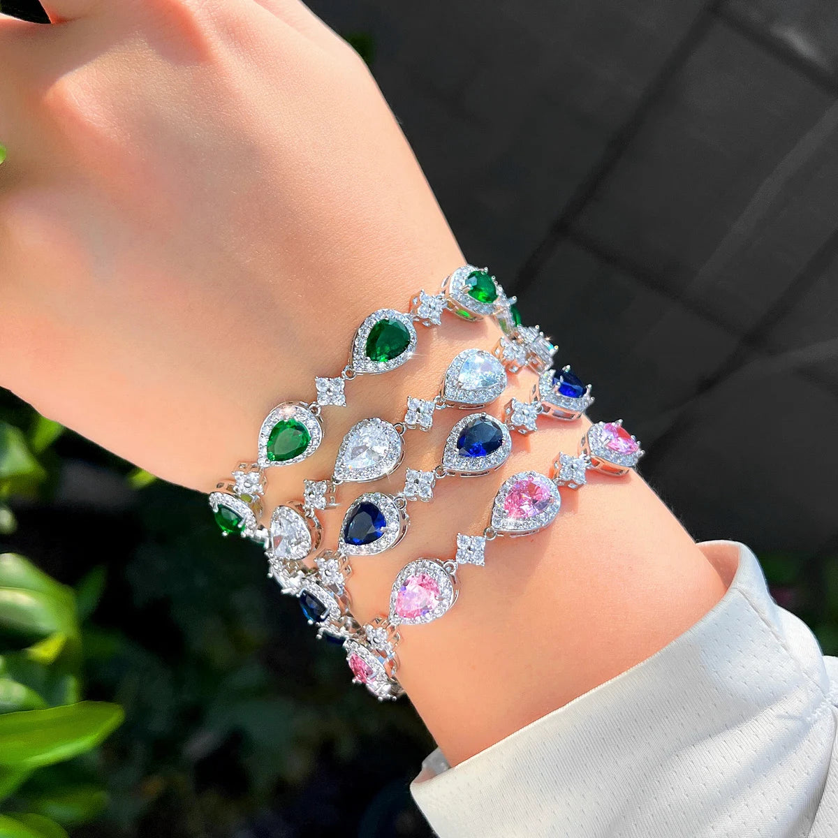 Green Water Drop Cubic Zirconia Paved Tennis Bracelet for Women Chic Party Wedding Jewelry Gift