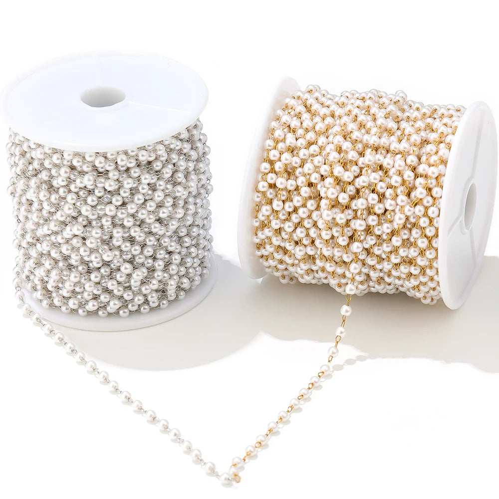 Imitation pearl chains on spools: silver-tone and gold-tone with white pearls, DIY craft