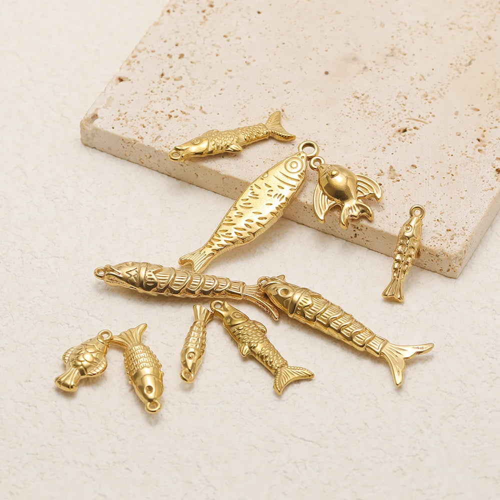 Gold-tone 3D fish charms assortment with loops for DIY jewelry making