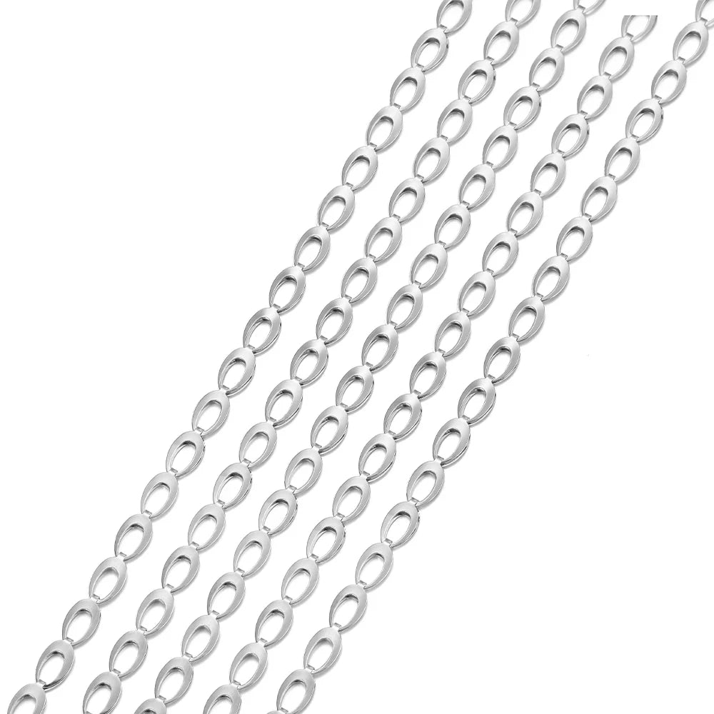 Silver hollow teardrop chain with oval links, close-up