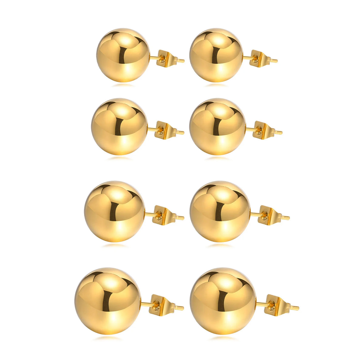 Four pairs of polished gold-tone ball stud earrings shown from the side