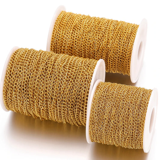 Gold chain extension links on white spool, fine mesh-style extender for DIY jewelry