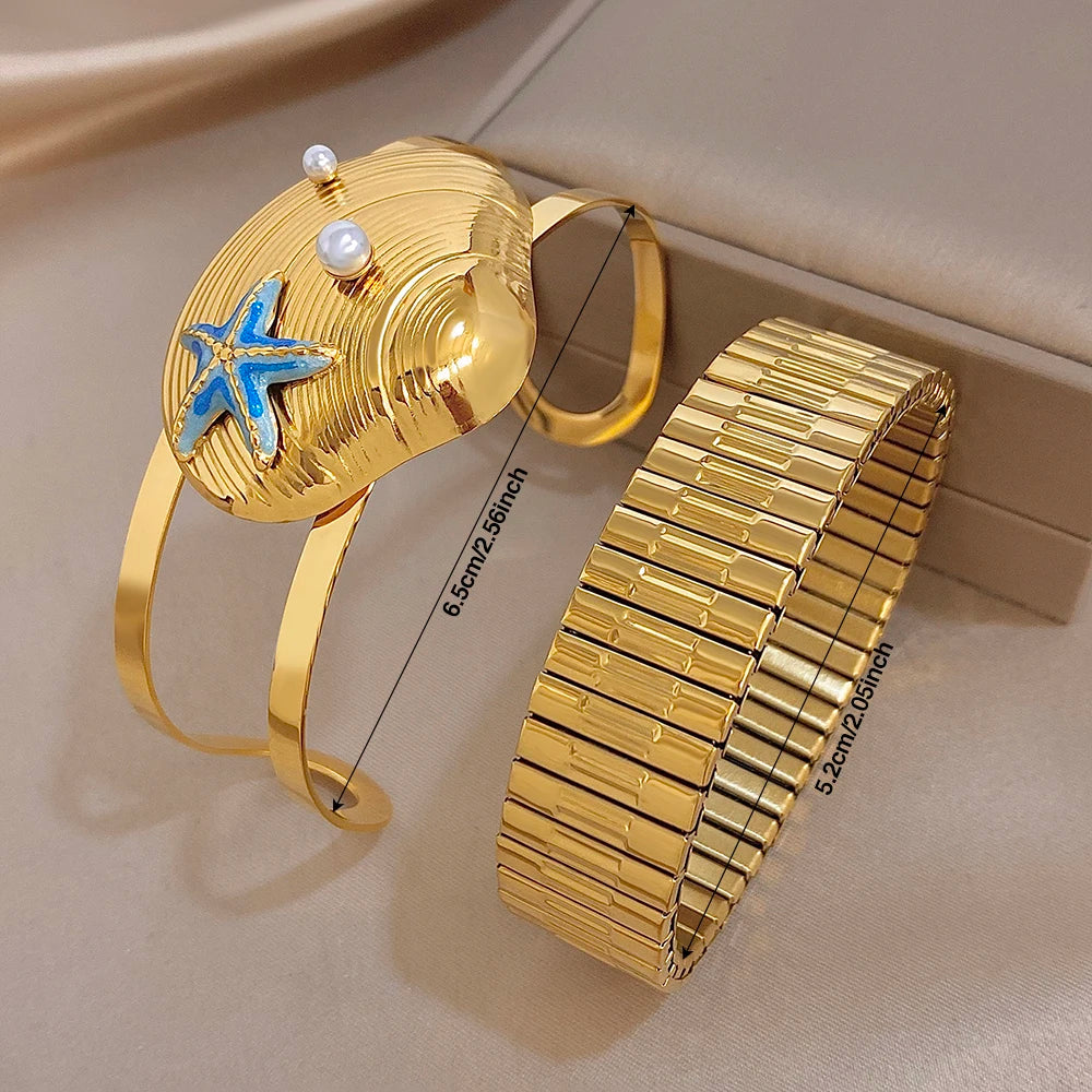 Fashion Gold Plated Stainless Steel Bracelet for Women High Quality Starfish Seashells Cuff Bangle Bracelets Waterproof Jewelry