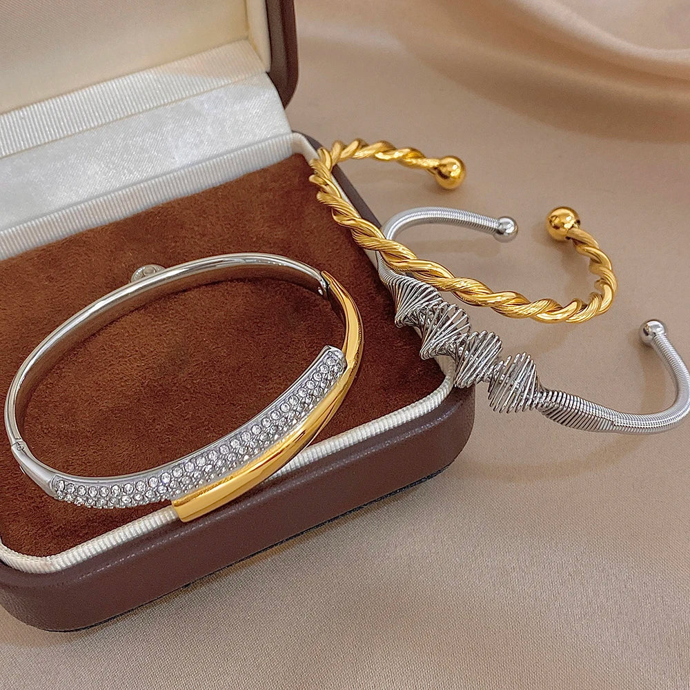 Trendy Gold Silver Color Stainless Steel Cuff Bangle for Women Unique Geometric Spiral Chunky Bracelets Waterproof Jewelry
