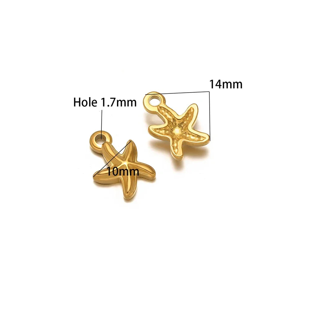 Gold starfish charm pendants, 14mm and 10mm, with 1.7mm holes