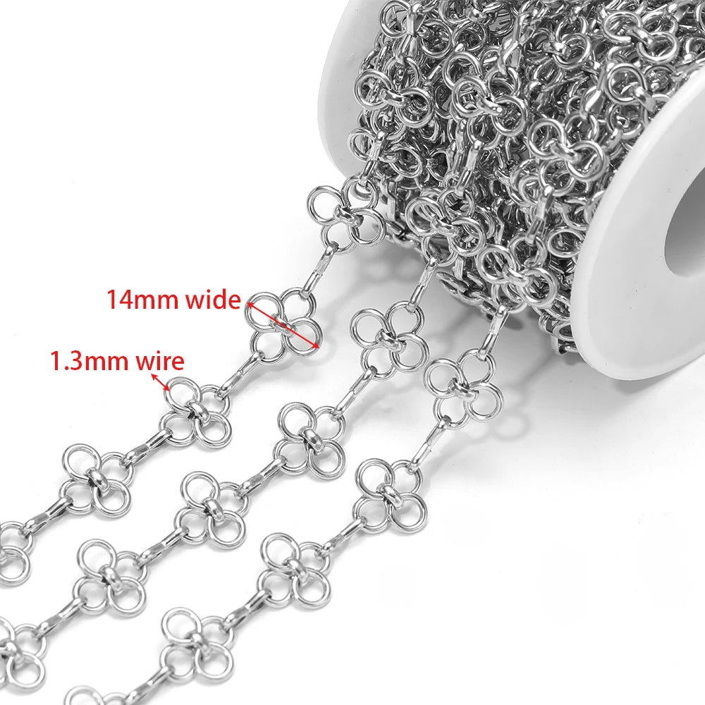 Steel bow knot chain close-up on spool, 14mm wide and 1.3mm wire