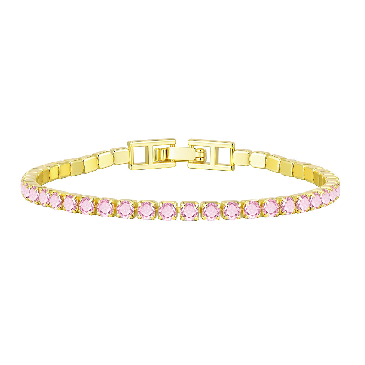 Gold tennis bracelet with pink cubic zirconia stones and hinged clasp detail