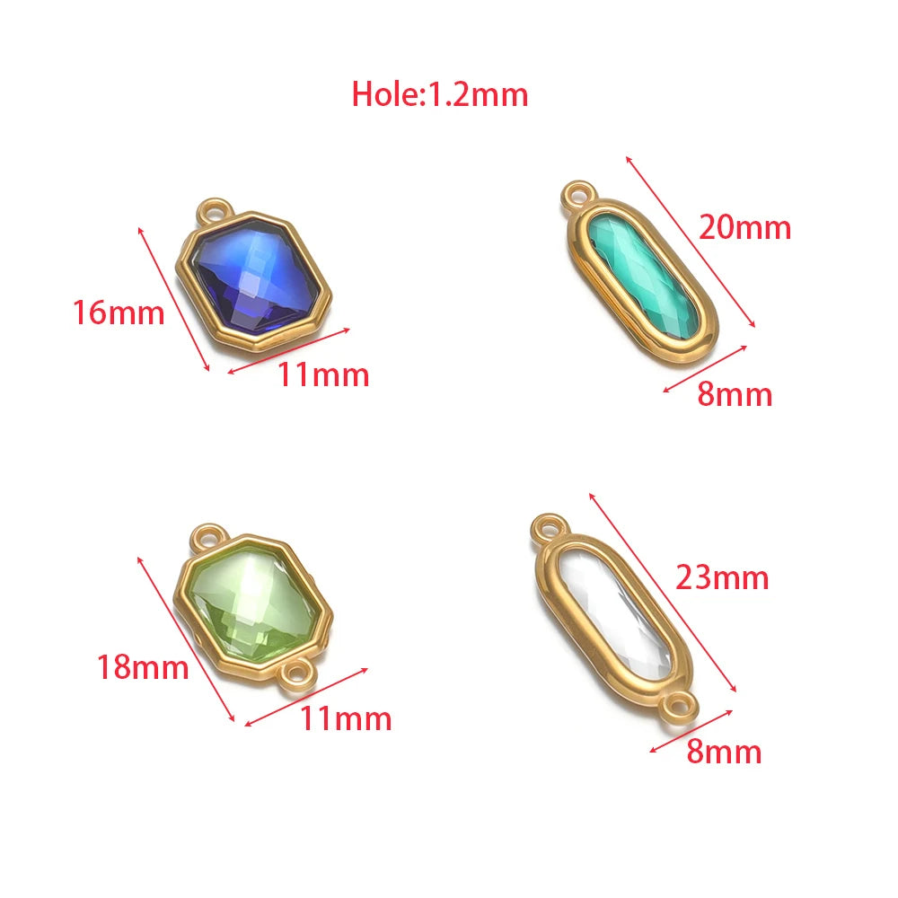 Assorted gold-tone faceted glass charm connectors with loop, multiple shapes
