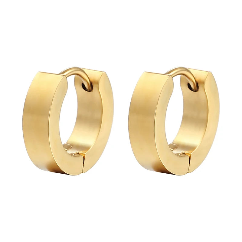 Gold smooth hoop earrings with a round outer profile and hinge closure
