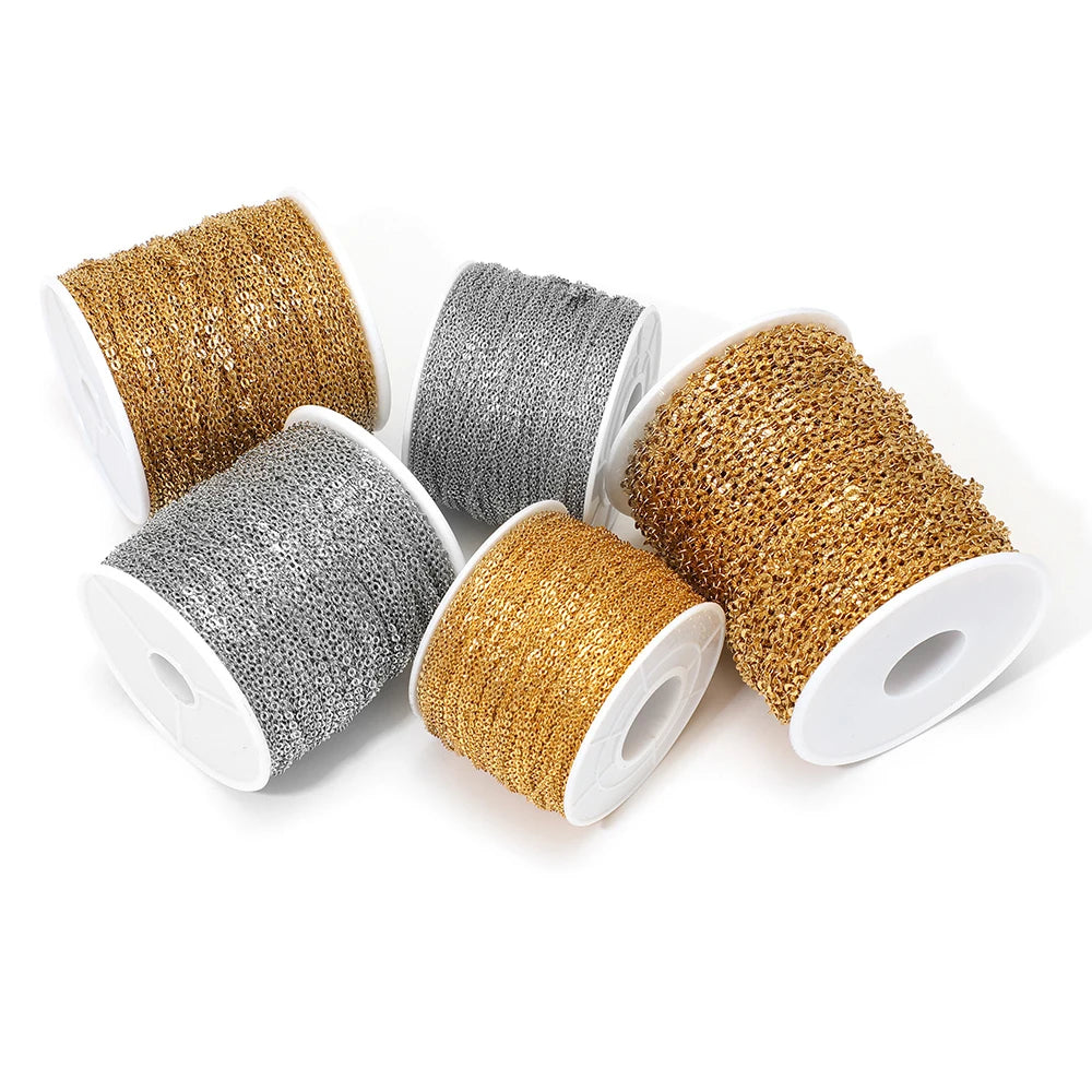 Textured chain mesh jewelry cord on spools, gold and silver set