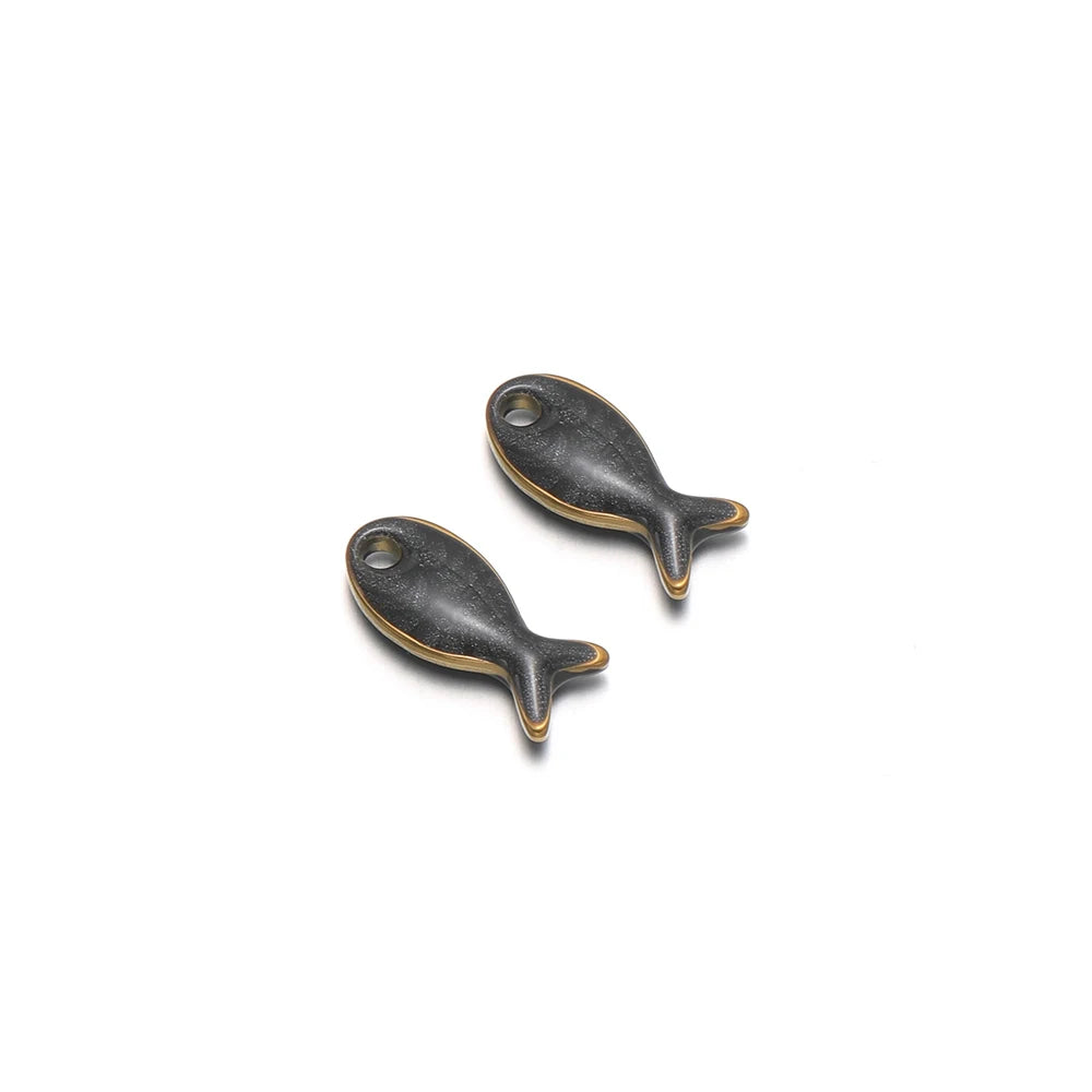Black drip fish charms, double-sided stainless steel pendant blanks, pair