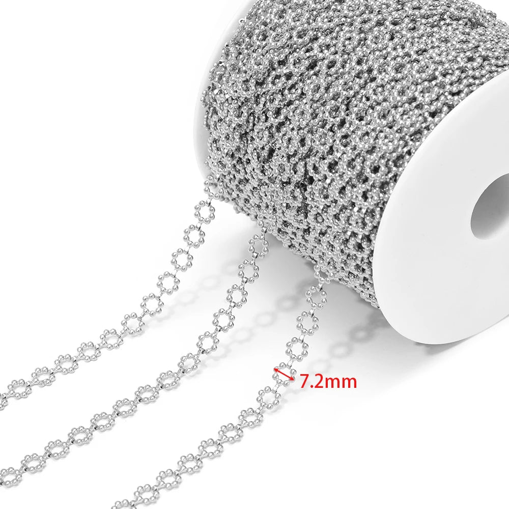 Steel-toned square-link chain on spool, 7.2mm link size shown