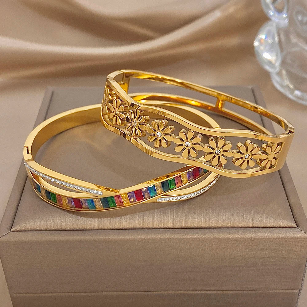Delicate Colorful Zircon Flower Wave Wide Bracelet for Women Trendy Gold Plated Stainless Steel Cuff Bangles Waterproof Jewelry