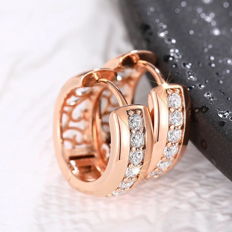 Rose gold CZ hoop earrings with hollow circle design