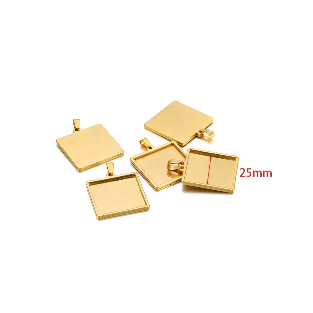 Gold square pendant cabochon base setting tray charms, 25mm size (5-pack)