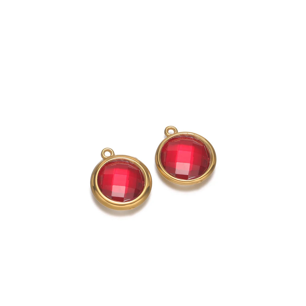 Round faceted red glass charm with gold-tone loop, for DIY jewelry making
