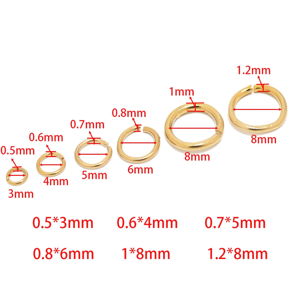 Gold-colored jump rings in multiple sizes with visible size guide markings