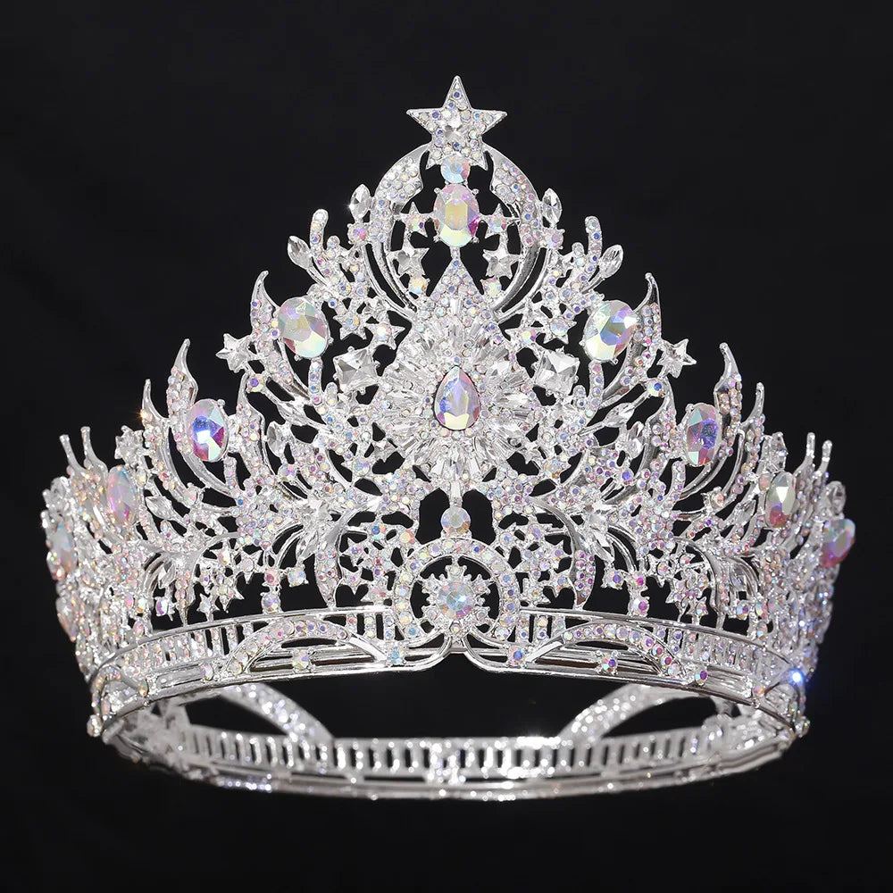 Silver-tone iridescent crystal bridal tiara with teardrop details and star top