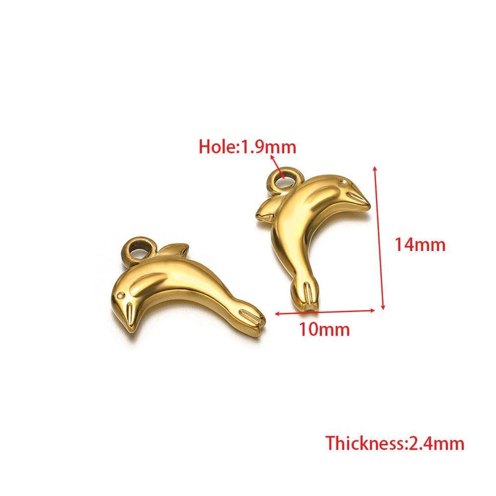 Gold dolphin charm pendants with loop, 14mm length, for keychains jewelry