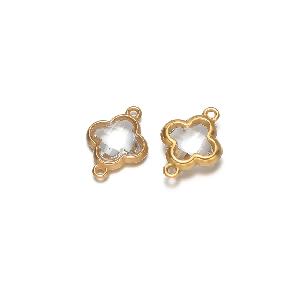 Gold-tone four-leaf clover glass pendant charm connector, clear sparkle