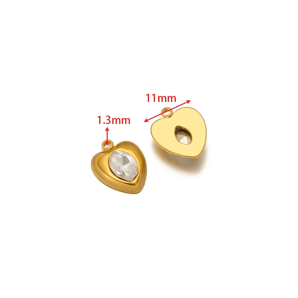 Gold-tone heart-shaped charm pendant with clear rhinestone, size diagram