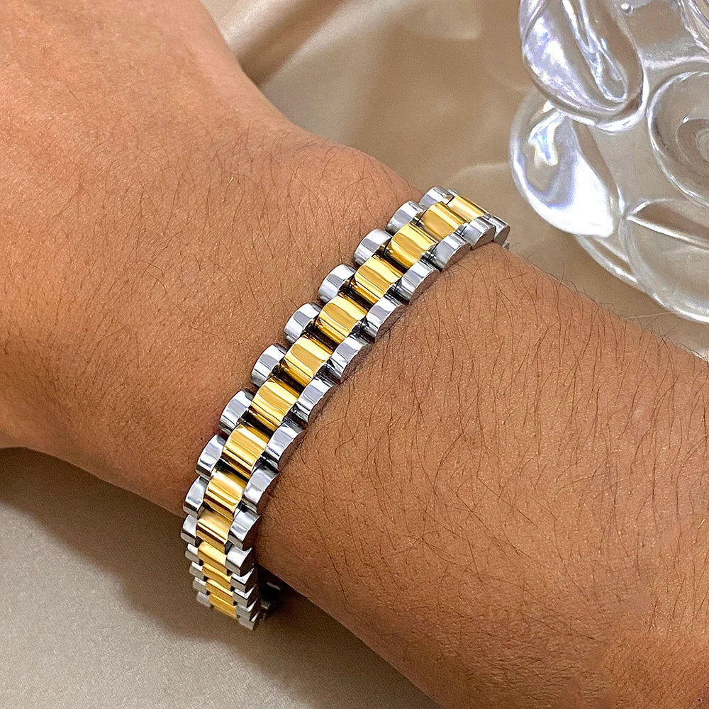 Classic Belt Buckle Stainless Steel Bracelet for Women Men Chunky Gold Silver Color Watch Band Bangles Waterproof Jewelry