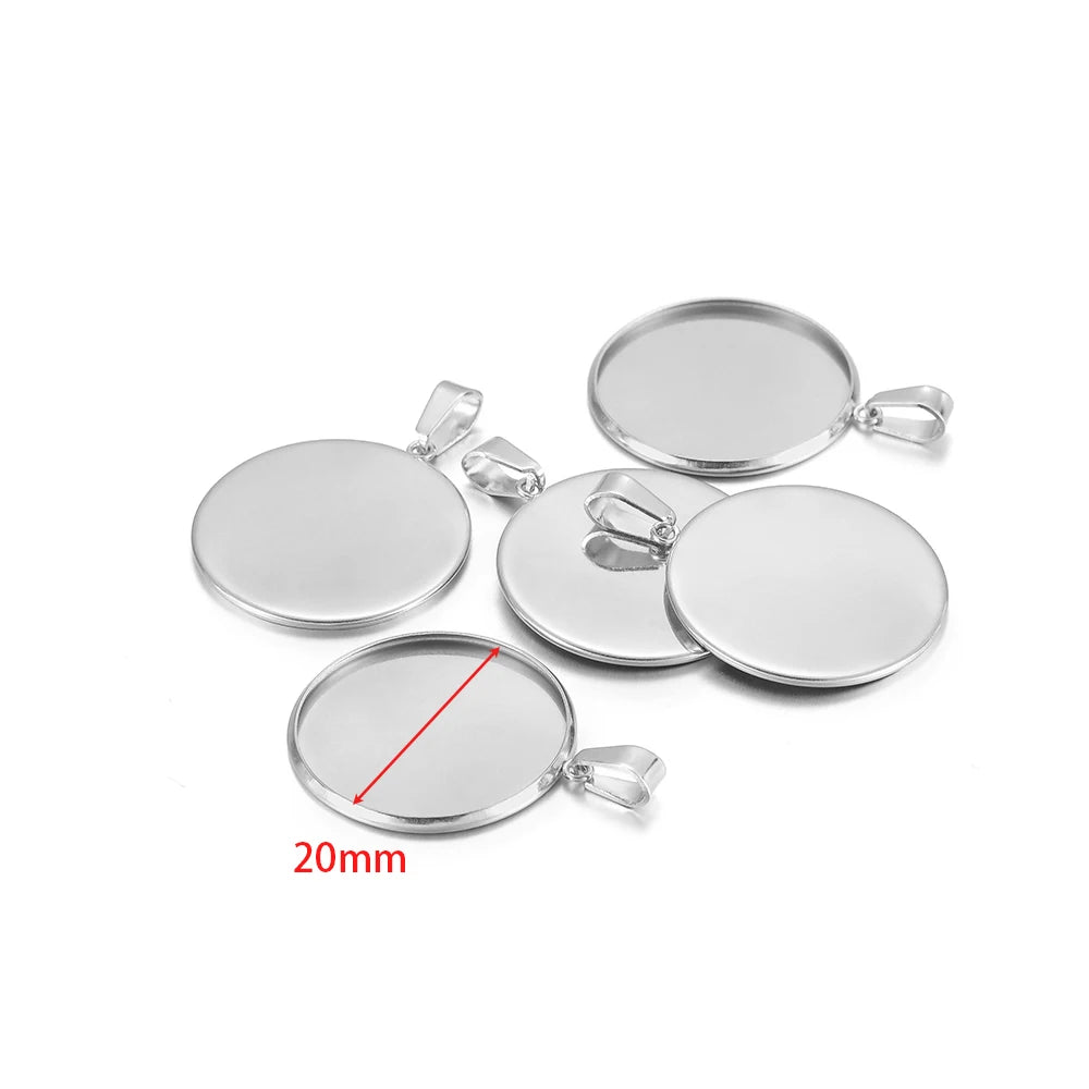 Round bezel cabochon settings, silver steel 20mm, with small loop bails (10-pack)