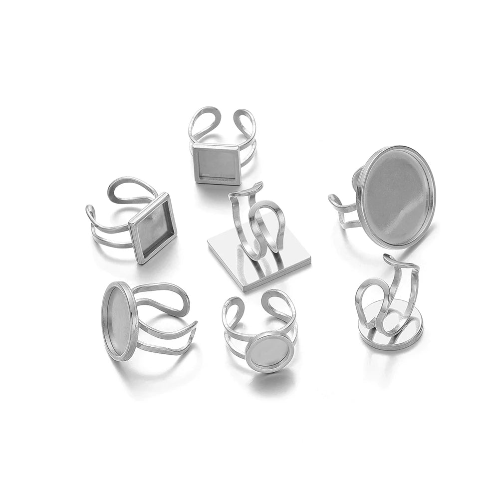 Silver-tone open cabochon ring bases with square and round bezel settings
