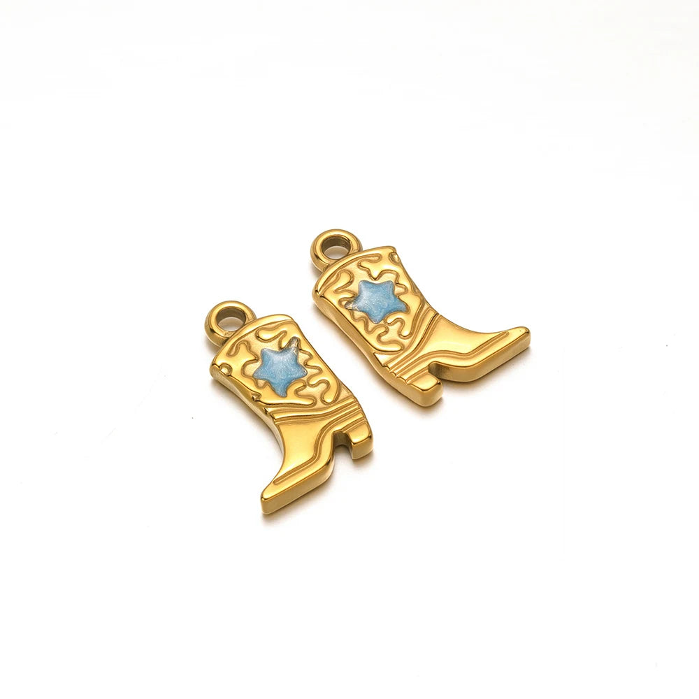 Gold-tone long boot charms with blue heart inlay and small loop for jewelry making