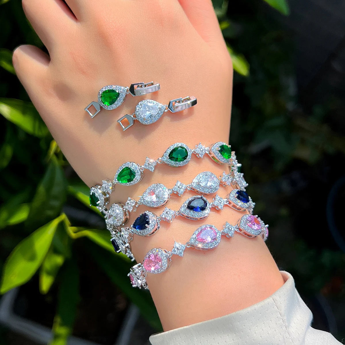 Green Water Drop Cubic Zirconia Paved Tennis Bracelet for Women Chic Party Wedding Jewelry Gift