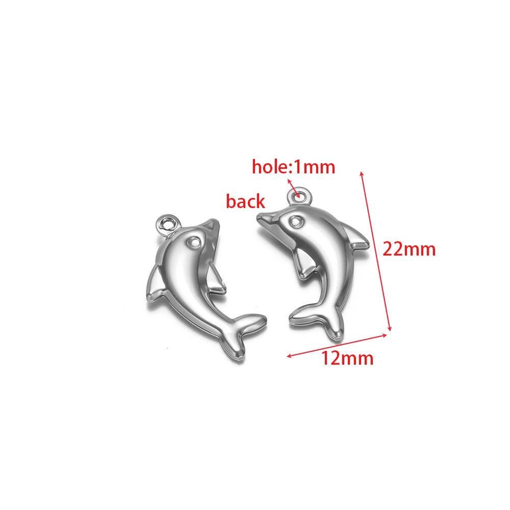 Silver-toned dolphin hollow charms with loop, size-labeled diagram
