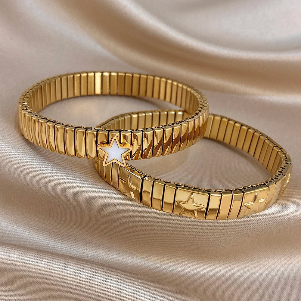 Fashion Star Textured Stainless Steel Bracelet for Women Men Adjustable Elastic Watchband Bangle Bracelets Waterproof Jewelry