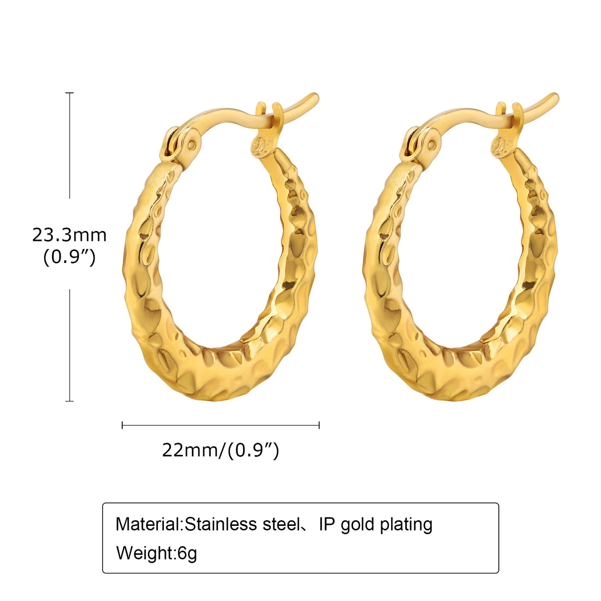 Gold-tone hammered hoop earrings with hinged clasp, textured oval hoops