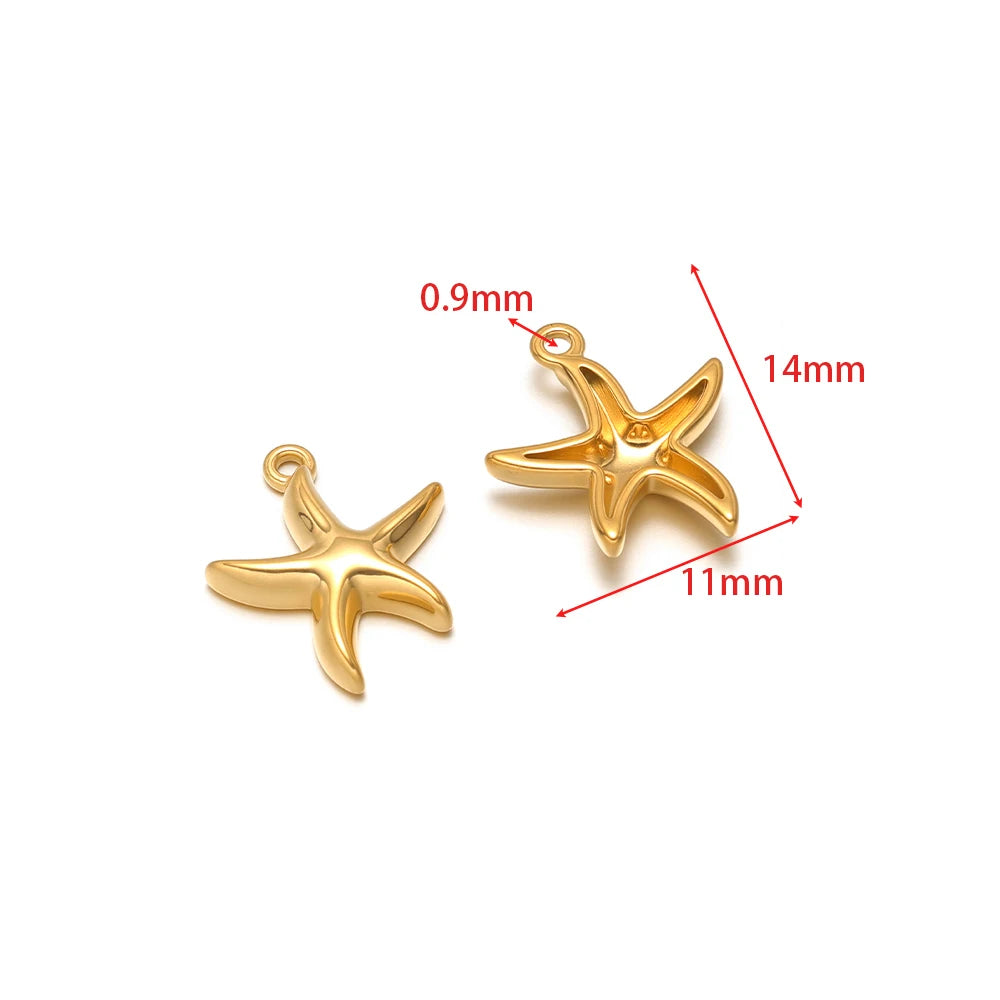 Gold-tone starfish charms with hanging loops, stainless steel, 2-pack