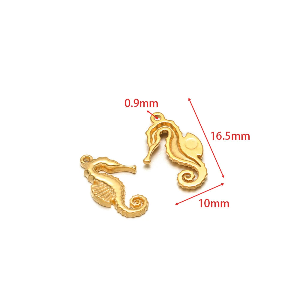 Gold-tone seahorse charms with hanging loops, stainless steel, 2-pack