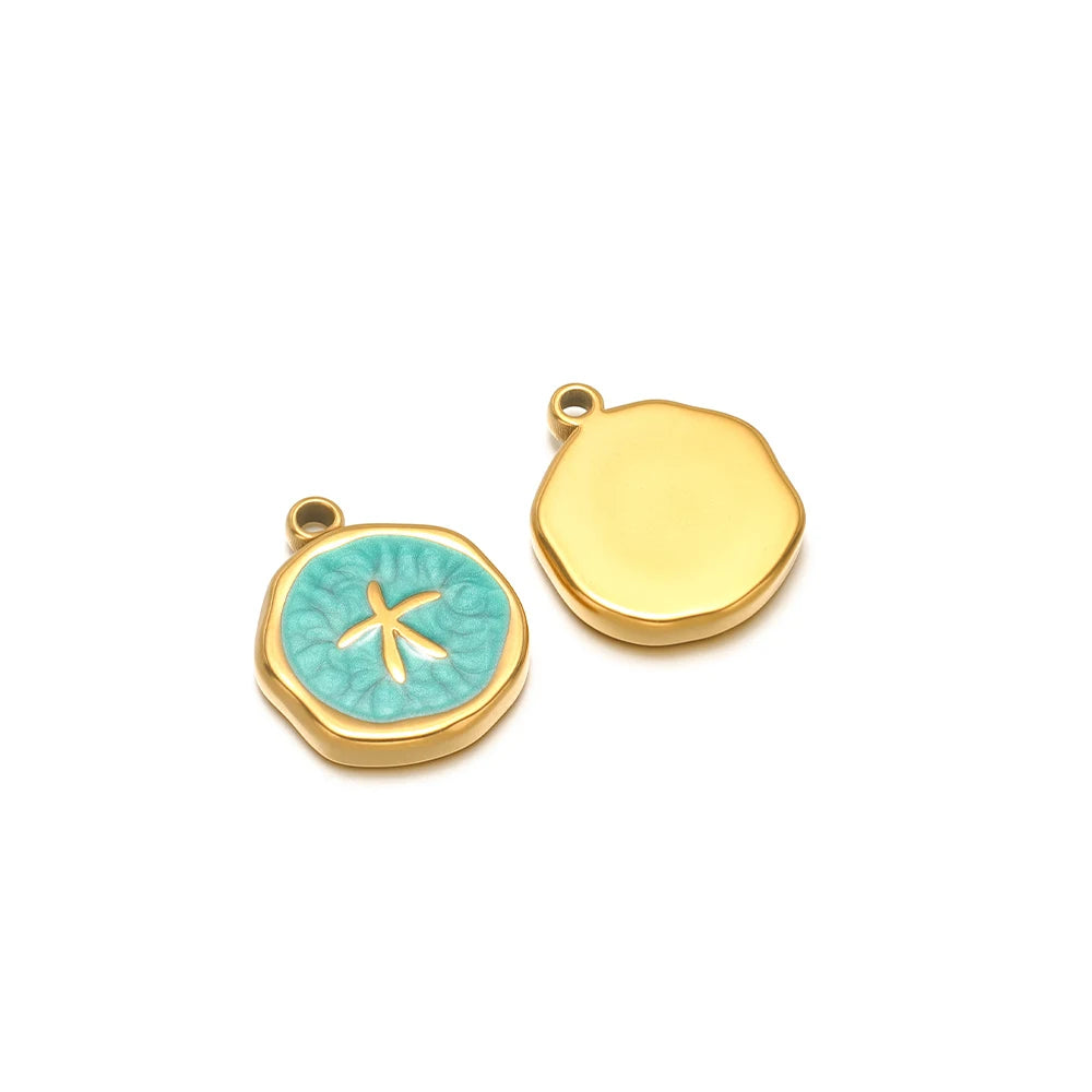 Pair of enamel ocean charms: yellow shell charm and teal starfish charm