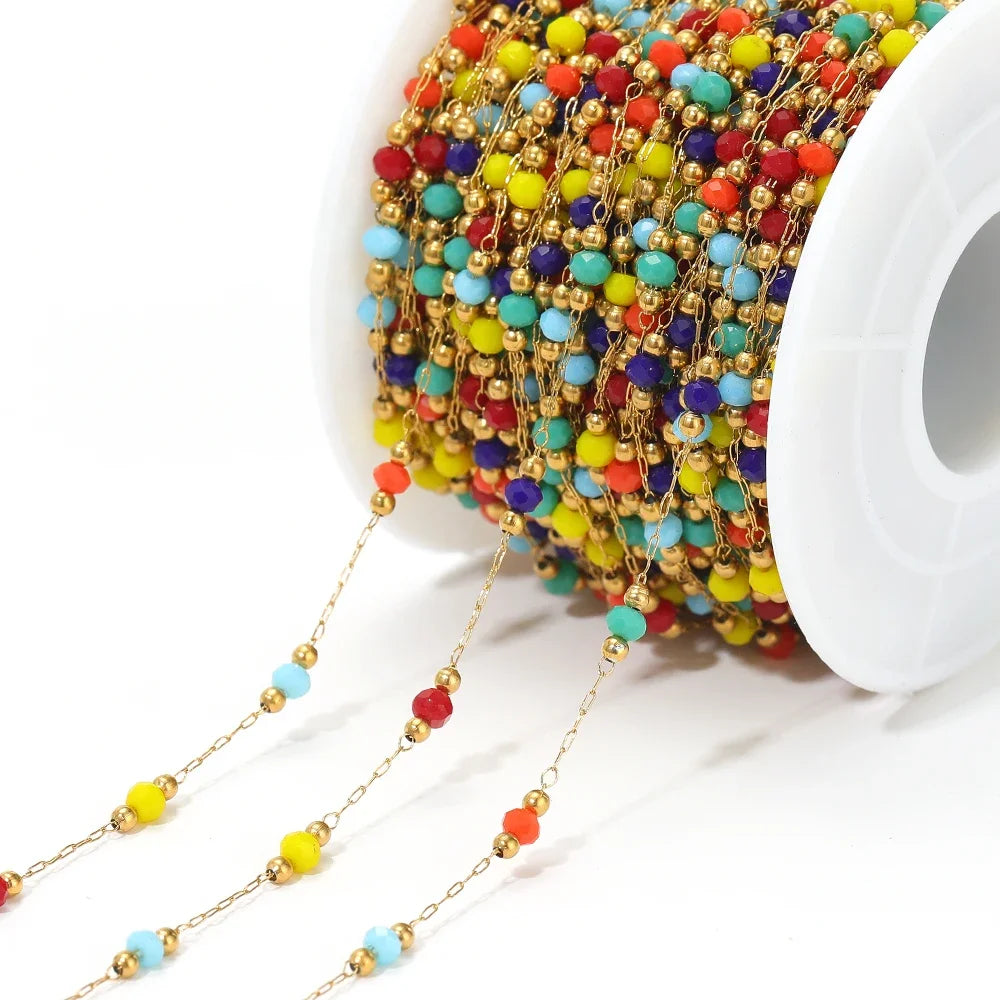 Stainless steel bead chain with gold-tone links and multicolor bead drops, necklace making