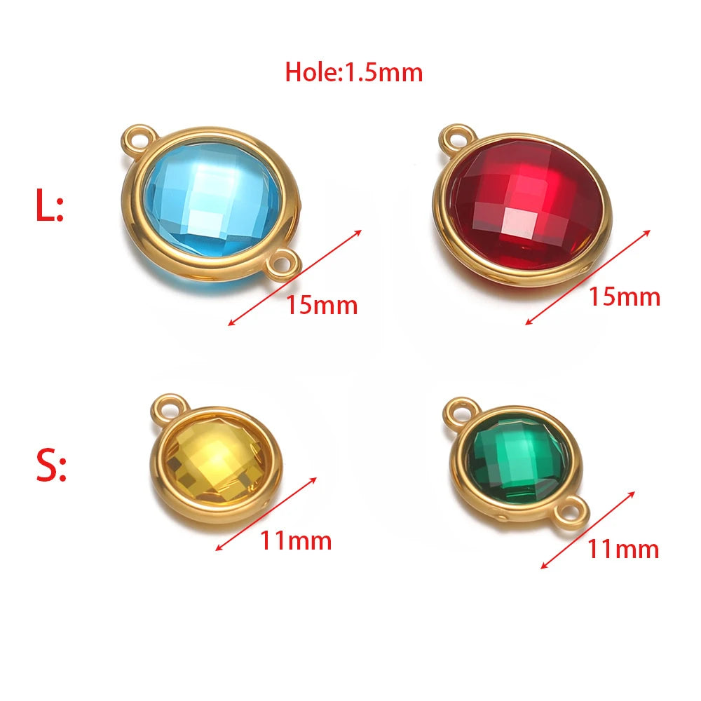 Round faceted glass charms set: blue, red, yellow, and green with gold-tone loops