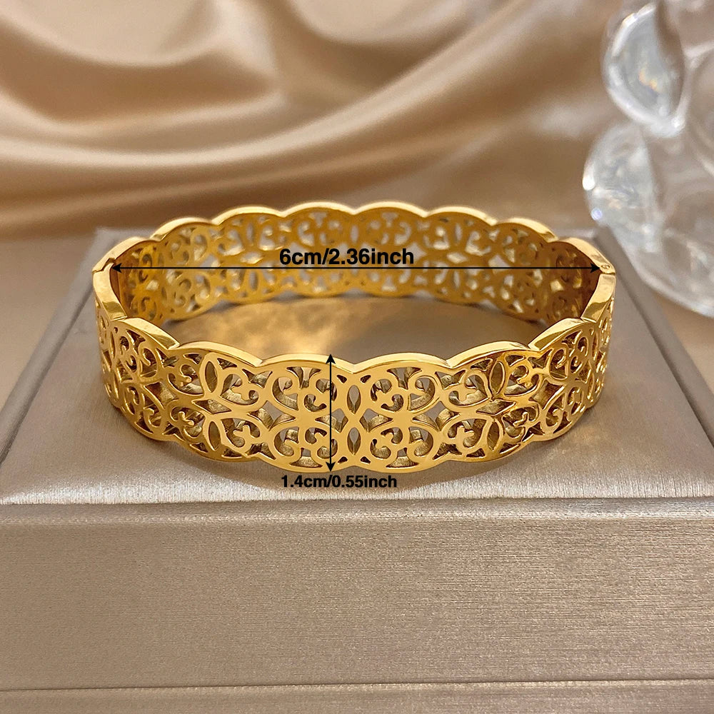 Vintage Gold Plated Stainless Steel Cuff Bangle Bracelets for Women Glossy Hollow Carved Flower Wide Bangles Waterproof Jewelry