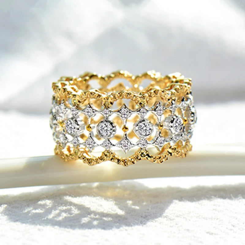 Luxury Hollow-out Design Ring For Women Two-tone Style Zirconia Jewelry