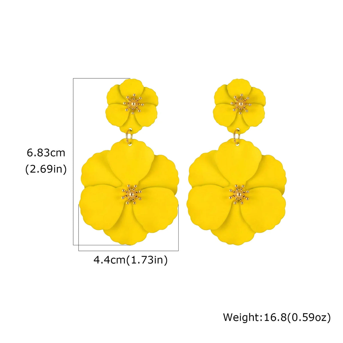 Yellow double-flower drop earrings with gold-tone stud and dangling floral charms