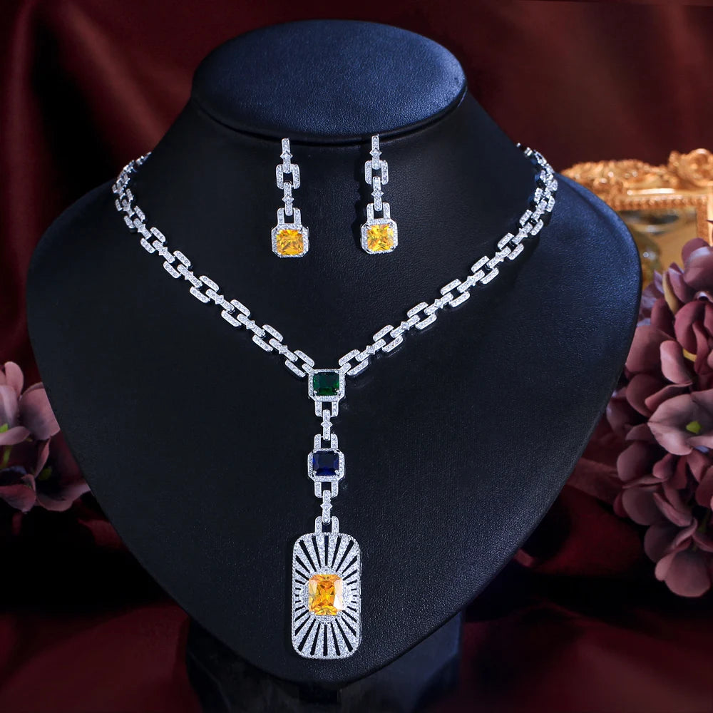 Zirconia cuban link necklace set with square charms, green and blue stones, heart pendant