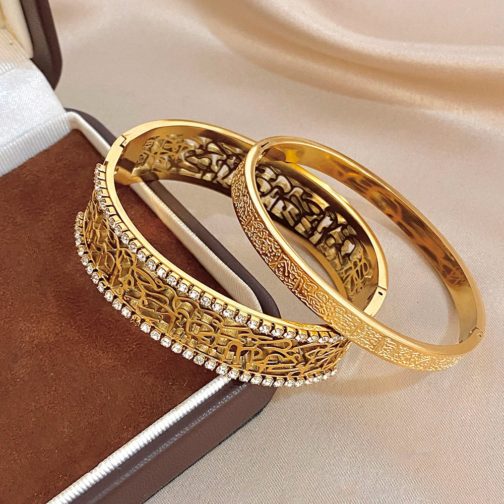 Retro Gold Plated Stainless Steel Cuff Bangle for Women Unique Zircon Geometric Textured Stackable Bracelets Waterproof Jewelry