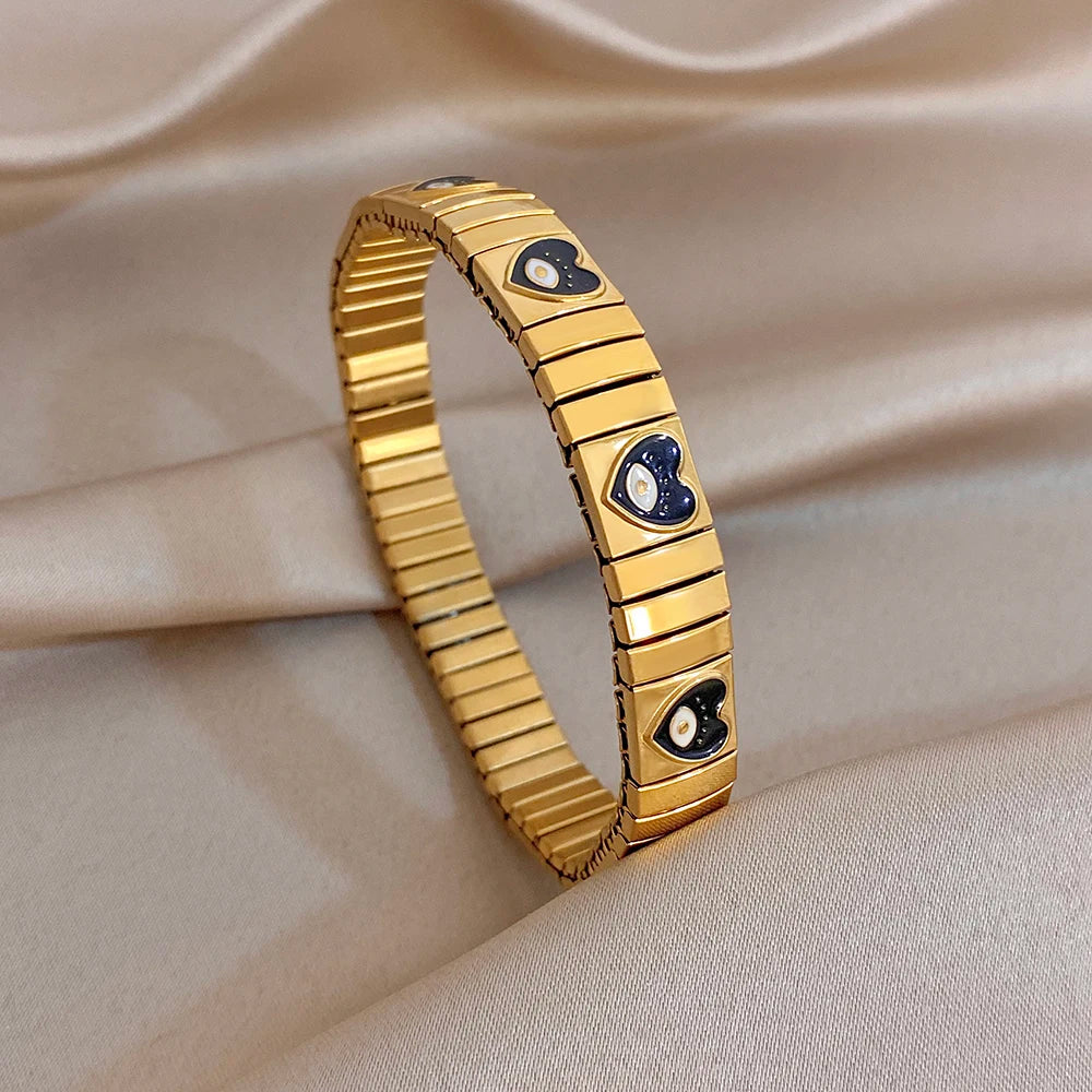 Chunky Gold Plated Stainless Steel Watch Band Bracelet Colorful Enamel Heart Evil Eye Elastic Bangle Bracelet Waterproof Jewelry